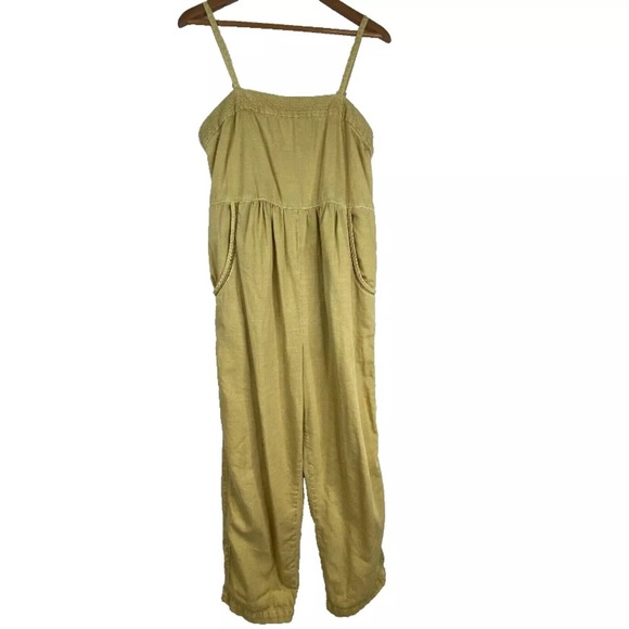 Anthropologie Postmark Linen Jumpsuit M Slouchy Mustard Yellow Pockets Cottage - Picture 13 of 15